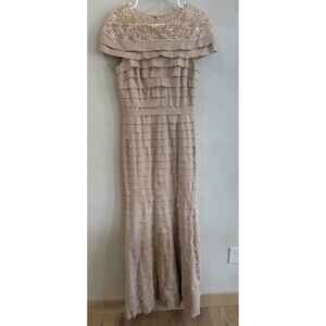 Women's Tadashi Shoji Ruffled Maxi Long Cap Sleeve Gown Dress 8 Beige Tan Beads